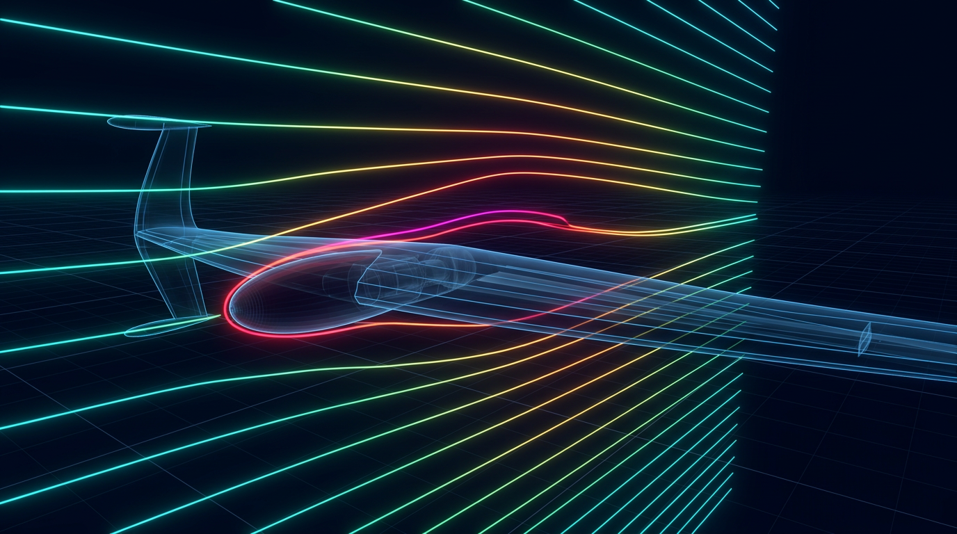 X-ray style CFD wind-tunnel simulation of a VTOL aircraft with glowing colour-graded airflow streamlines around the wing and fuselage