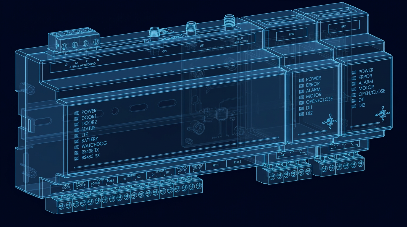 X-ray style diagram of an HHRL IoT controller showing terminal blocks, antenna connectors, status indicators and rotary selectors