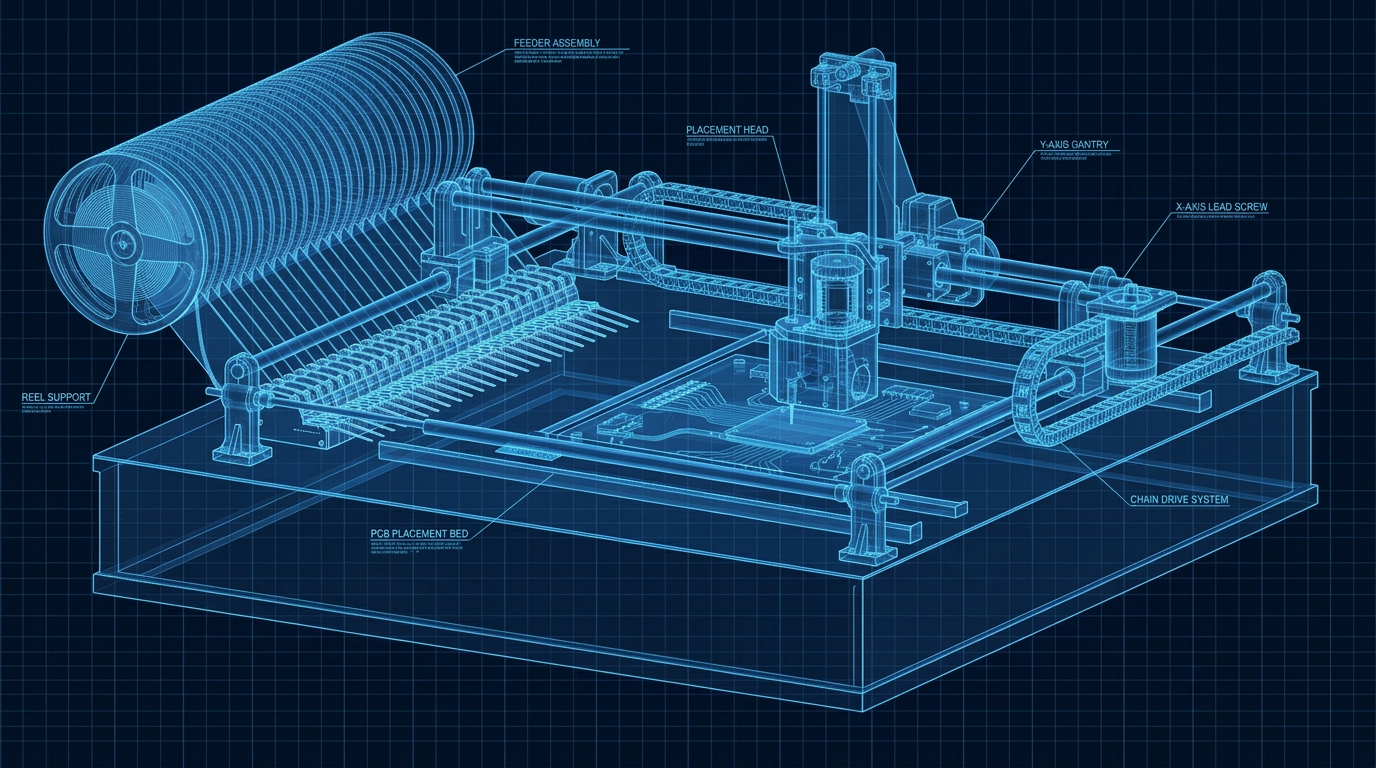 X-ray style diagram of the pick & place machine showing feeders, gantry and placement head