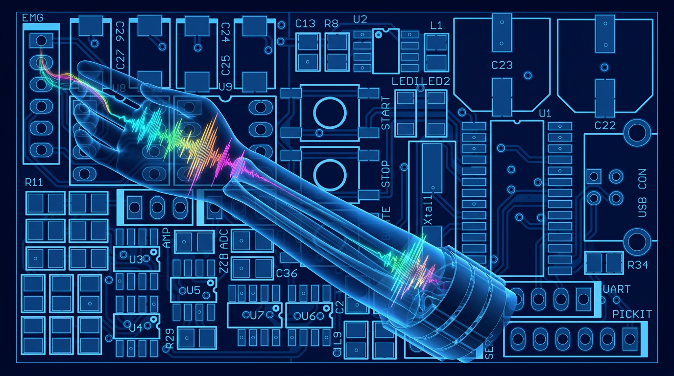 X-ray style diagram of a forearm wearing an sEMG sensor wristband, with colourful muscle signals flowing to the EMG acquisition PCB behind the hand