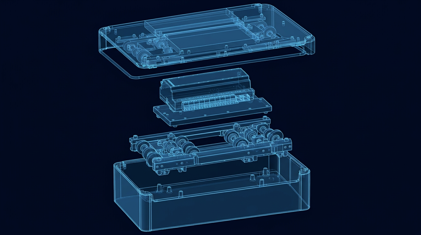 X-ray style exploded diagram of an automatic test jig showing the lid with rollers, the UUT controller on its base plate, the actuator carriage and the bottom tub